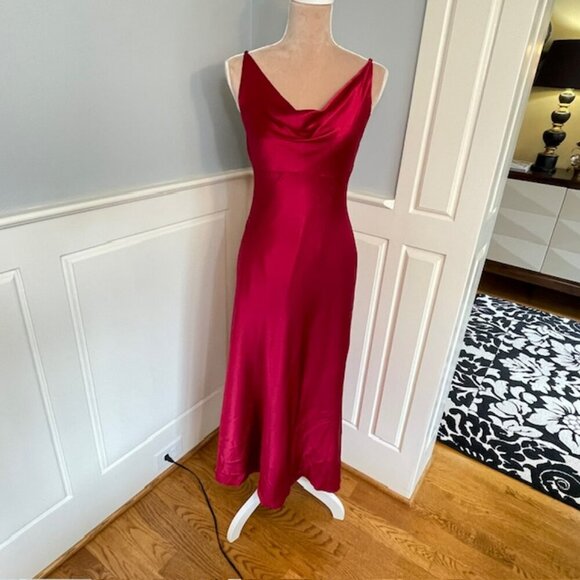 Vintage Ann Taylor 100% Silk Cowl Drape Neck Midi Slip Dress Red Satin XS/4P - Picture 3 of 10